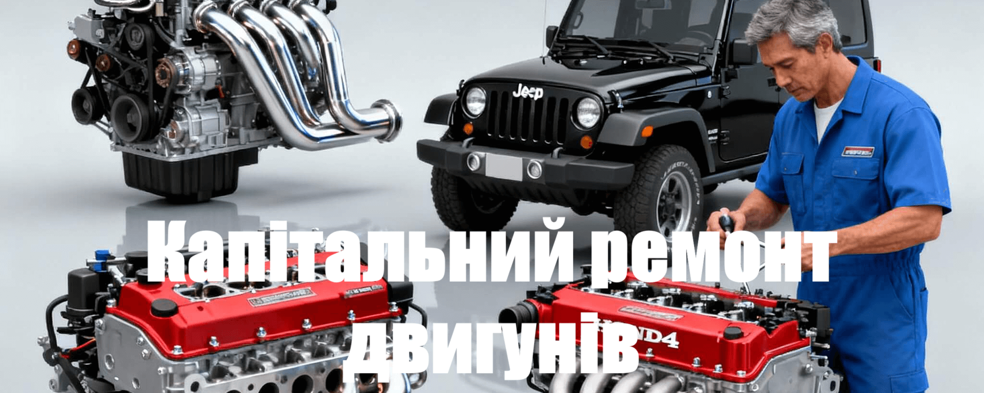 Капітальний ремонт двигунів — механік ремонтує розібраний мотор в сервісі; поруч двигуни, на тлі позашляховик